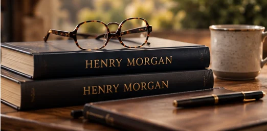 Two navy books stamped Henry Morgan, reading glasses and a coffee mug on a wooden desk