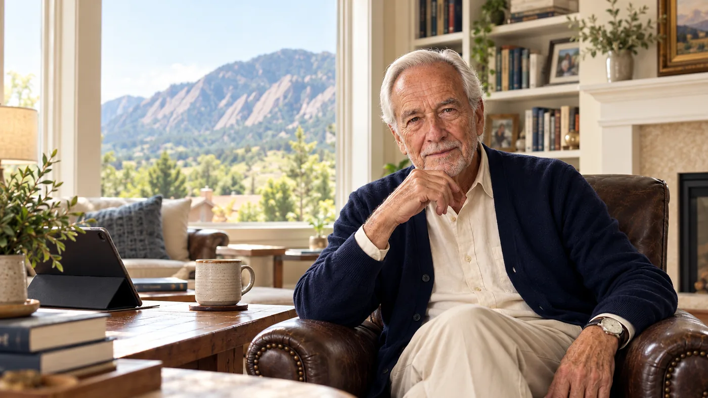 Henry Morgan in his living room in Boulder, the Flatirons visible through the window