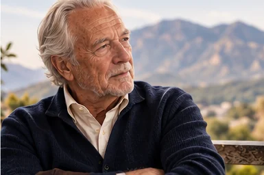 Henry Morgan on a terrace with the Colorado foothills behind him